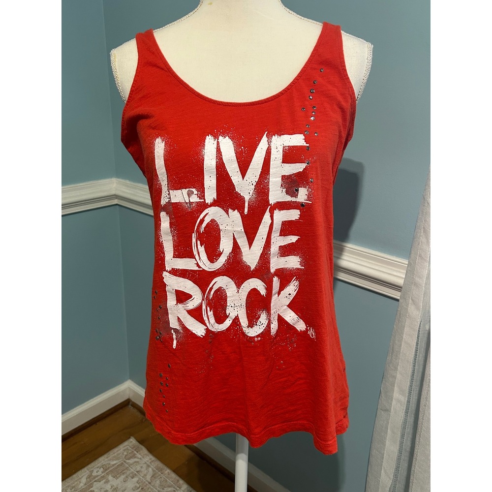 Rock & Republic Red Live Love Rock Graphic Tank Top Rhinestone Medium
